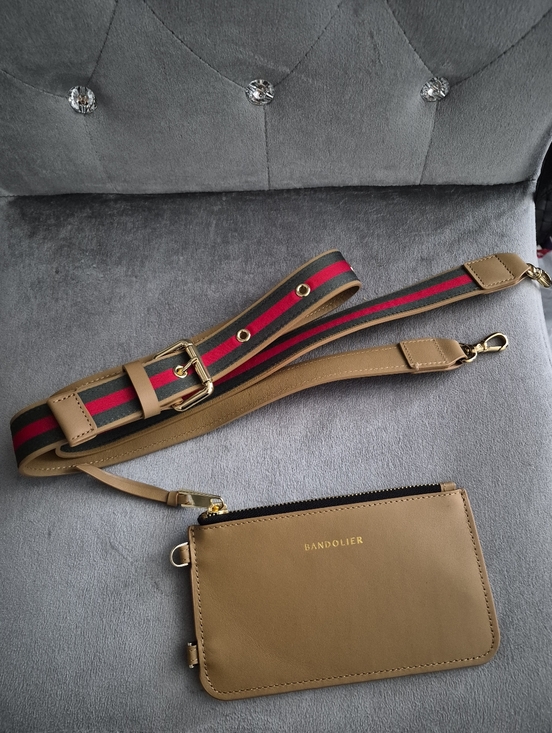 Bandolier Handbags - Bandolier Tan Leather Pouch with Red and Green Striped Strap